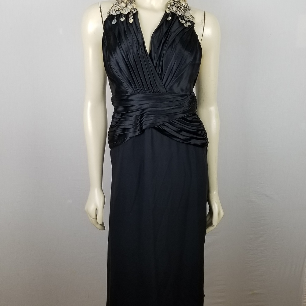 Tadashi halter styled open back shell beaded formal silk black dress size 0